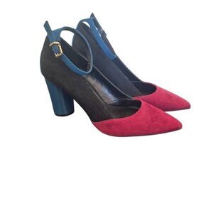 Mix No. 6 Suede Colorblock Black, Burgundy & Blue 4" Heels w Ankle Strap